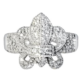 Late 20th Century Size 7 14K White Gold Diamond Fleur de lis Ring For Sale
