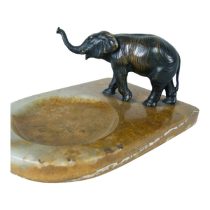 1920s Art Deco Bronze Elephant on Figured Stone Tray . Valet Dish