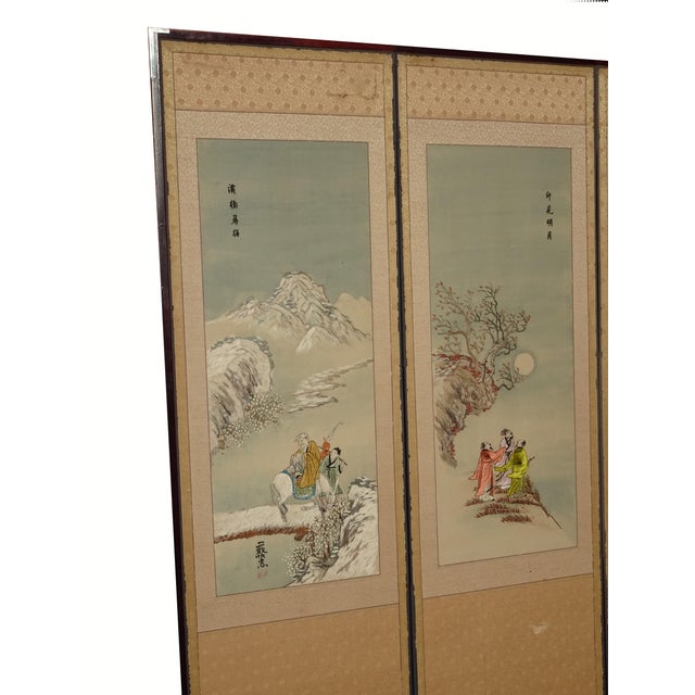 Wood Antique Asian Eight Panel Embroidered Silk Screen Room Divider ~Caligraphy Back For Sale - Image 7 of 14