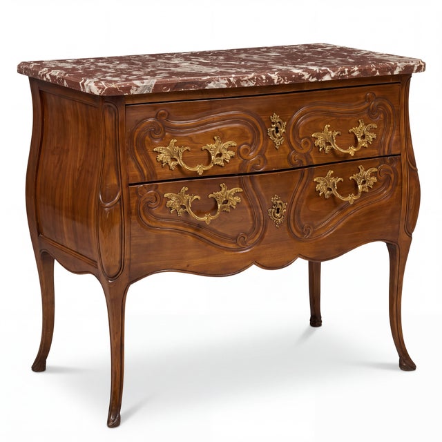 Italian Carved Walnut Rouge Marble Top Commode With French Styling For Sale - Image 9 of 11