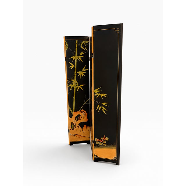 Vintage Asian Chinoiserie 4-Panel Gold Leaf Room Divider Screen With Cranes For Sale - Image 4 of 13