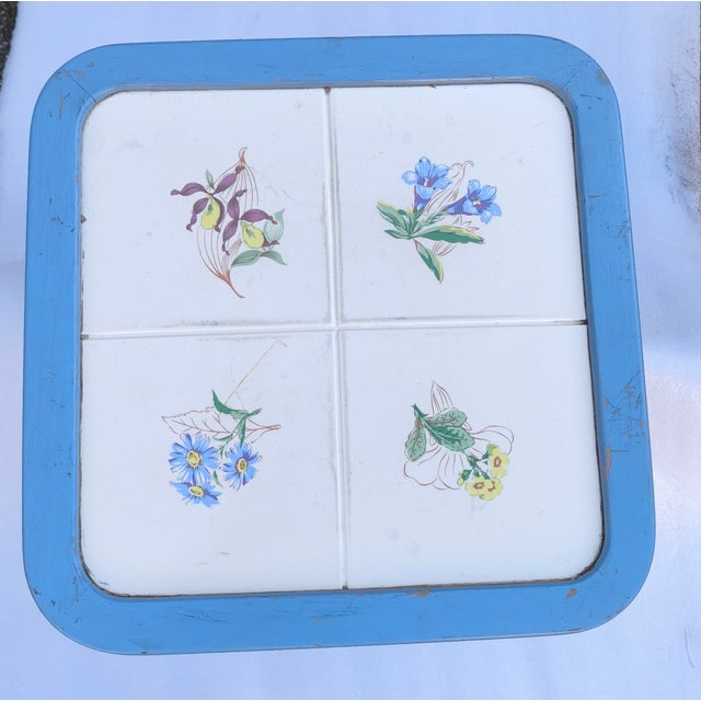 Mid-Century Modern Light Blue Plant Stand with Floral Motif, 1950s For Sale - Image 3 of 5