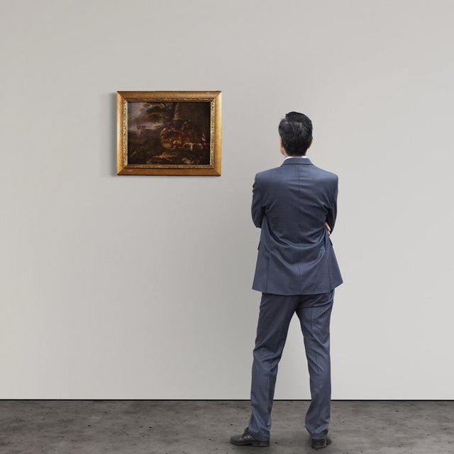 A refined 18th-century Italian painting. This artwork oil on canvas depicts a lively pastoral scene set in a soft,...