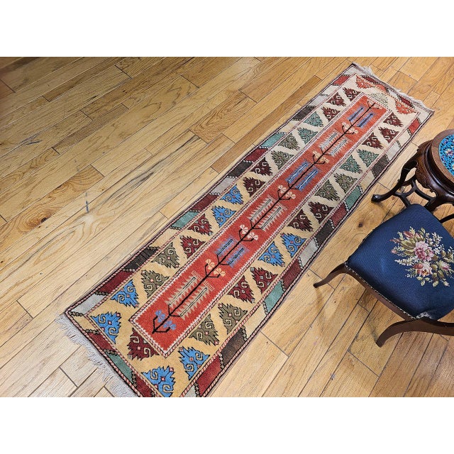 Textile Vintage Turkish Oushak Runner, Handwoven Wool Pile, Geometric Design, 3' x 9' For Sale - Image 7 of 16