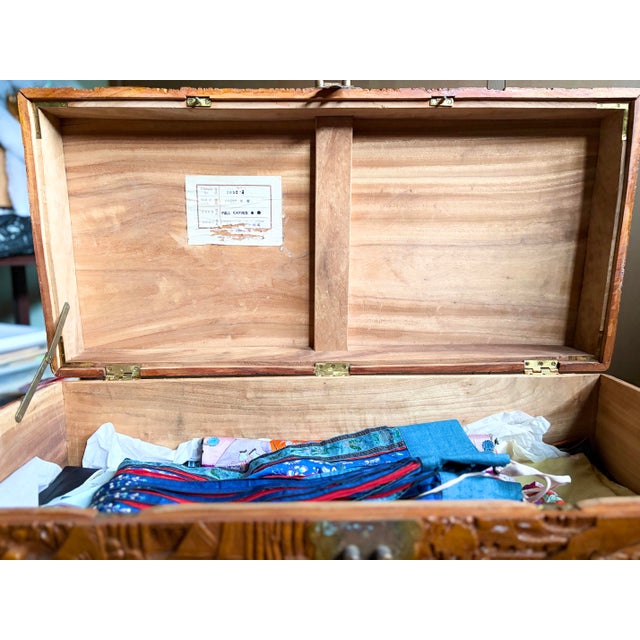 Auburn Vintage 1940’s Chinese Glazed Carved Scenic Wood Chest For Sale - Image 8 of 12
