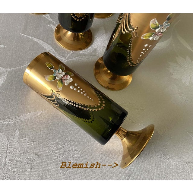 1950s Mid-Century, Blown Glass Cocktail Glasses, Salviati Murano Attributed, Green & Gold, Cylindrical Shape, Short Stem- Set of 11 For Sale - Image 16 of 17