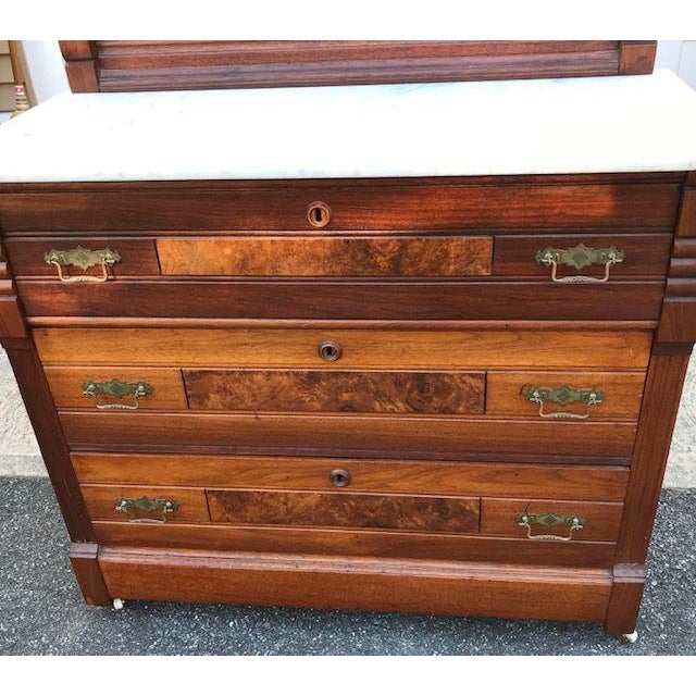 Antique Eastlake Victorian Marble Top Walnut and Burl Walnut Dresser
