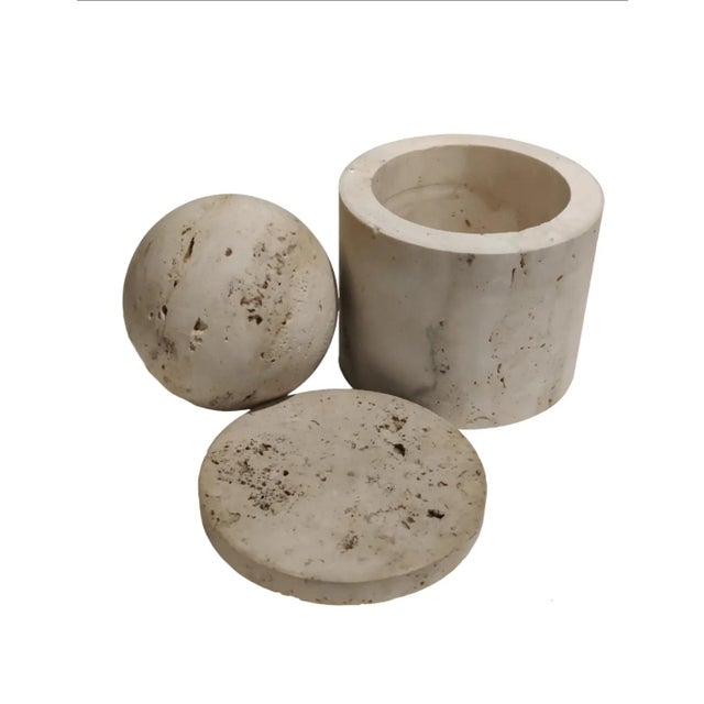 For your consideration. . . A fabulous set of natural stone decorative objects. The travertine stone has gorgeous earth...