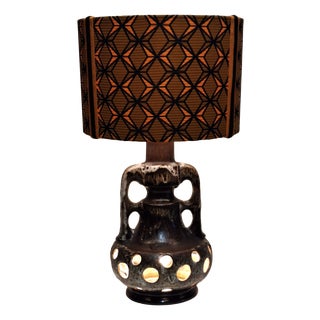 Vintage German Fat Lava Table Lamp with Brown-Grey Ceramic Base and Fabric Shade, 1970s For Sale