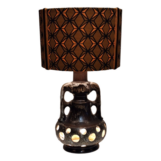 Vintage German Fat Lava Table Lamp with Brown-Grey Ceramic Base and Fabric Shade, 1970s For Sale