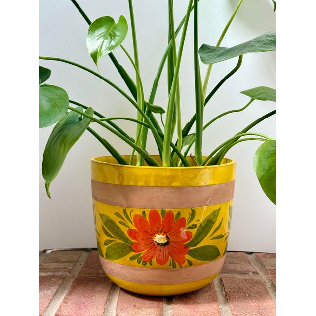 Rustic European 1970s Italian Yellow Glazed Terracotta Planter / Cachepot With Floral Motif For Sale - Image 3 of 7