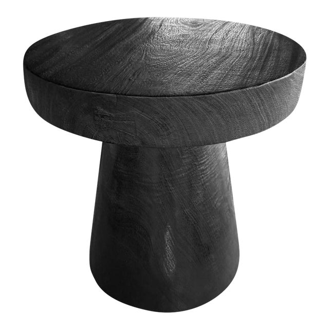 Sculptural Round Table Crafted From Solid Suar Wood, Burnt Finish For Sale