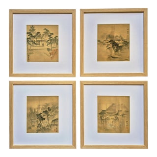 Set of 4 Antique Japanese Paintings of Temples and Landscapes – Newly Framed For Sale
