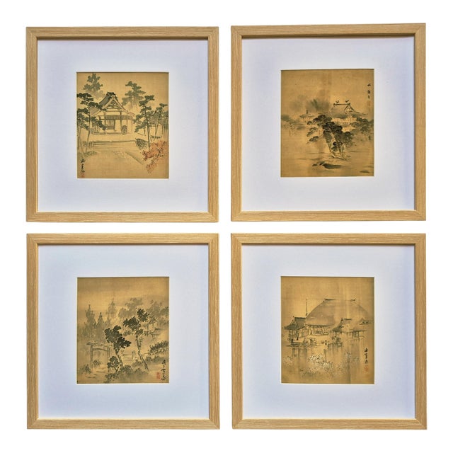 Set of 4 Antique Japanese Paintings of Temples and Landscapes – Newly Framed For Sale