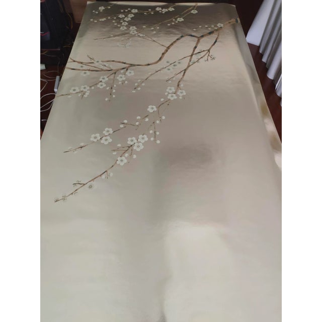Chinoiserie Plum Blossom Wallpaper Hand Painted Wallpaper on Champagne Silver Metallic Panel - 2 Panels For Sale - Image 3 of 5