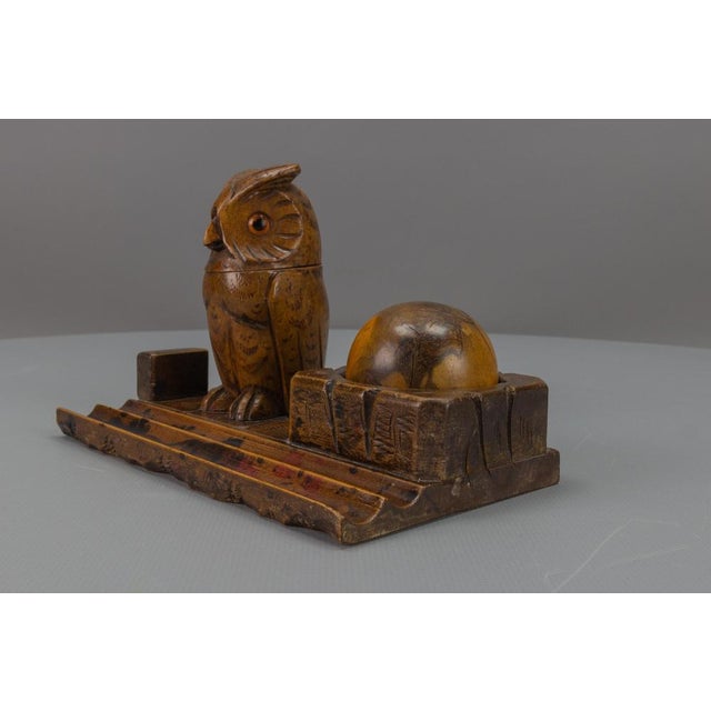 Hand-Carved Wooden Inkwell or Pen Stand with Owl Figure, 1920s For Sale - Image 16 of 18