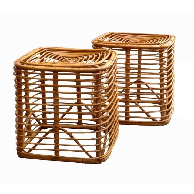 Wood Square Rattan and Bamboo Stools by Tito Agnoli, Italy, 1960s, Set of 2 For Sale - Image 7 of 7