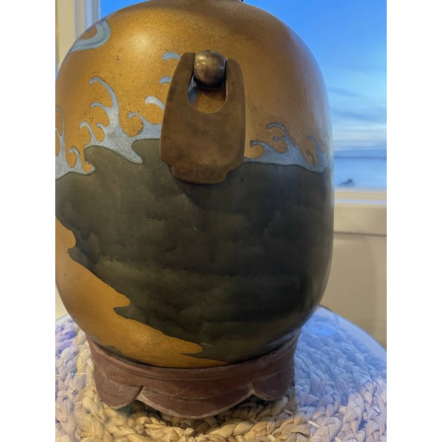 Early 20th Century Early 20th Century Brass Reverse Painted Asian Sail Junk Ship Boat Wave Theme Lamp For Sale - Image 5 of 12