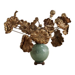 Vintage Bouquet of Carved Wood Lotus Leaves in a Celadon Vase For Sale