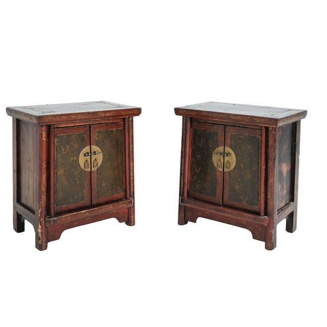 These nightstand cabinets or side tables were hand-crafted in China in the Early 20th Century. They are elmwood with a...