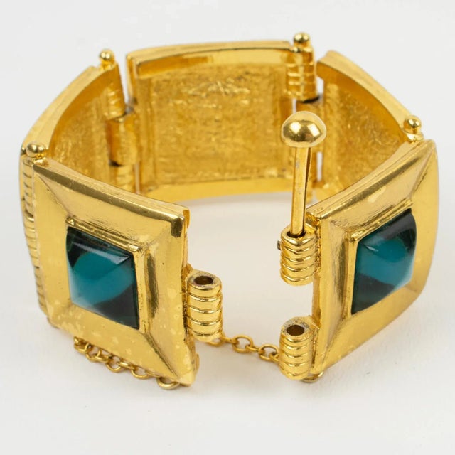 Contemporary Jean Louis Scherrer Gilt Metal Jeweled Link Turquoise Resin Cabochon Bracelet For Sale - Image 3 of 7
