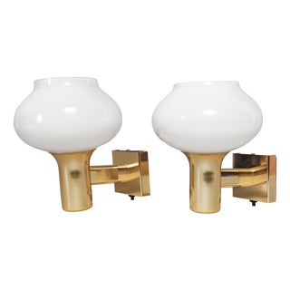 Vintage British Gold and Opaline Glass Wall Lamps, 1970s, Set of 2 For Sale