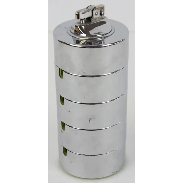 Stacking Chrome Ashtrays & Lighter with Avocado Lining. Dimensions: 7"H