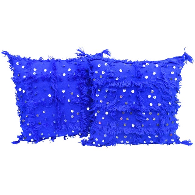 Vintage Moroccan Blue Fringed & Sequined Windowpane Pillows - Set of 2 For Sale - Image 11 of 11