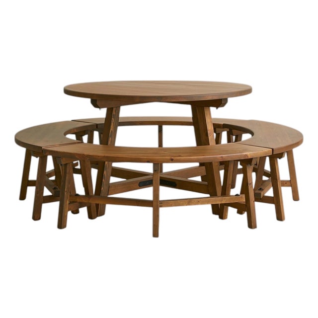 French Round Dining Table with Four Curved Benches, 1950s For Sale