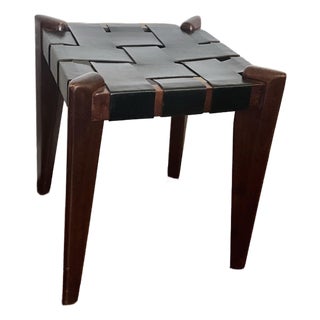 Attributed Edmond J Spence Midcentury MCM Teak and Leather Stool Ottoman For Sale
