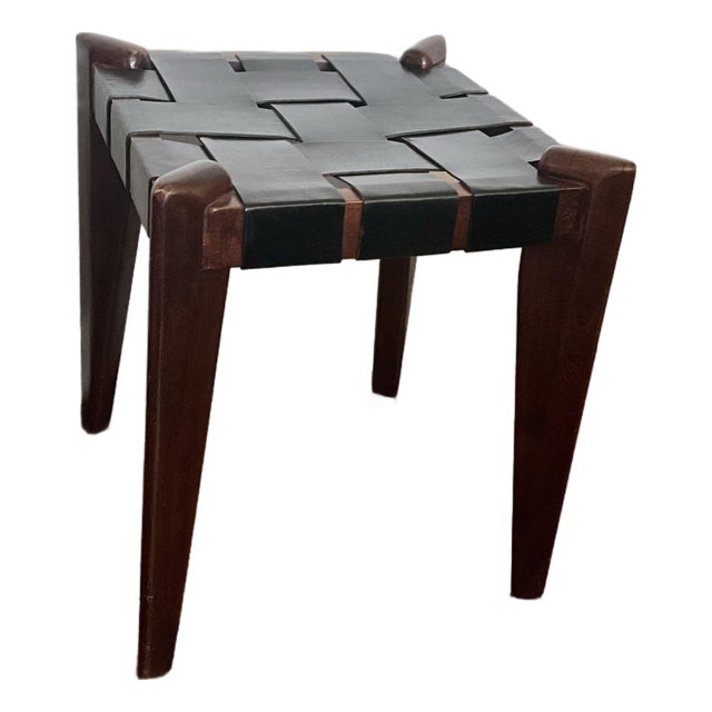 Attributed Edmond J Spence Midcentury MCM Teak and Leather Stool Ottoman For Sale