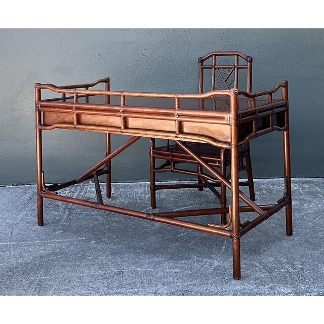 Late 20th Century Vintage Brown Jordan Fretwork Rattan Writing Desk and Chair For Sale - Image 5 of 12