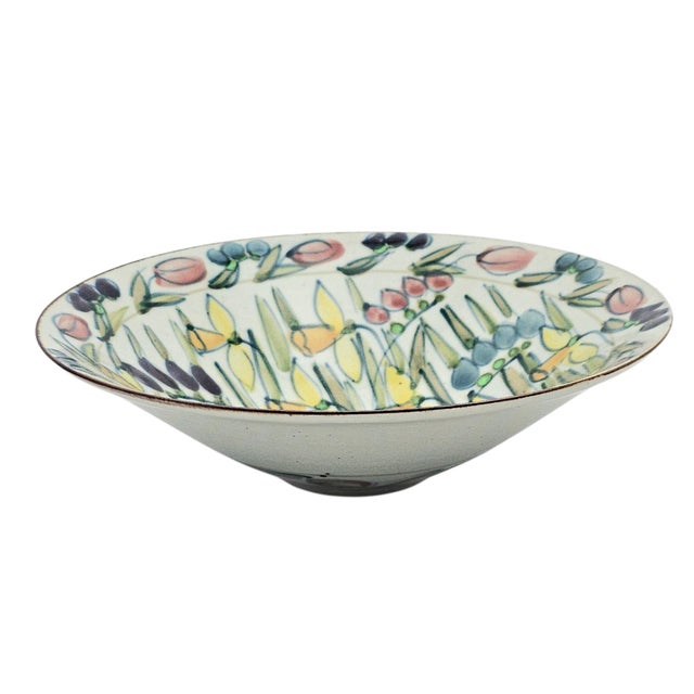 Ceramic Large Hand Painted Floral Studio Pottery Porcelain Centerpiece Bowl 11" For Sale - Image 7 of 16