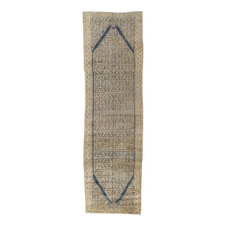Antique Persian Malayer Handmade Oriental Navy, Light Blue & Cream Runner Rug For Sale