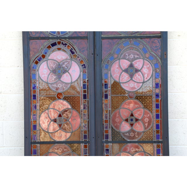 Blue Antique Victorian Gothic Hand-Painted Stained Glass Windows in Wood Frames, Circa 1900 – Pair For Sale - Image 8 of 18