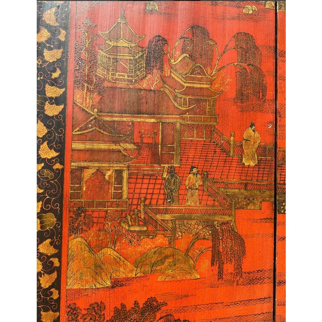 Chinoiserie 4 Panel Screen Red & Gold Lacquer & Black & Gold Border For Sale - Image 4 of 15