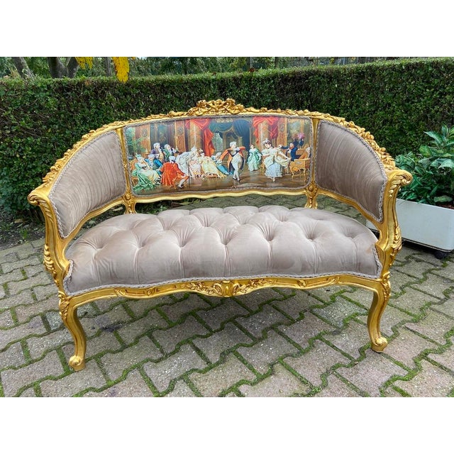 1975 French Louis XVI Gilded Beech Velvet & Silk Artwork Settee For Sale - Image 4 of 12