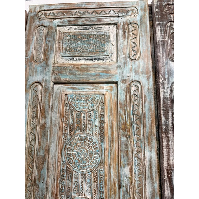 Antique Hand-Carved Distressed Blue Floral Door – Vintage Wooden Bedroom Entry Door 96x31.5 For Sale In Orlando - Image 6 of 12