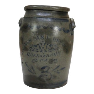 Williams & Repertoire Greensboro, Pa 3-Gallon Blue Decorated Stoneware Crock For Sale