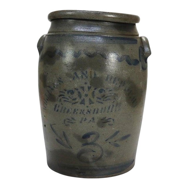 Williams & Repertoire Greensboro, Pa 3-Gallon Blue Decorated Stoneware Crock For Sale