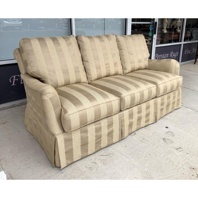 American Wesley Hall Traditional Tan Sofa With Pleated Skirt For Sale - Image 3 of 11