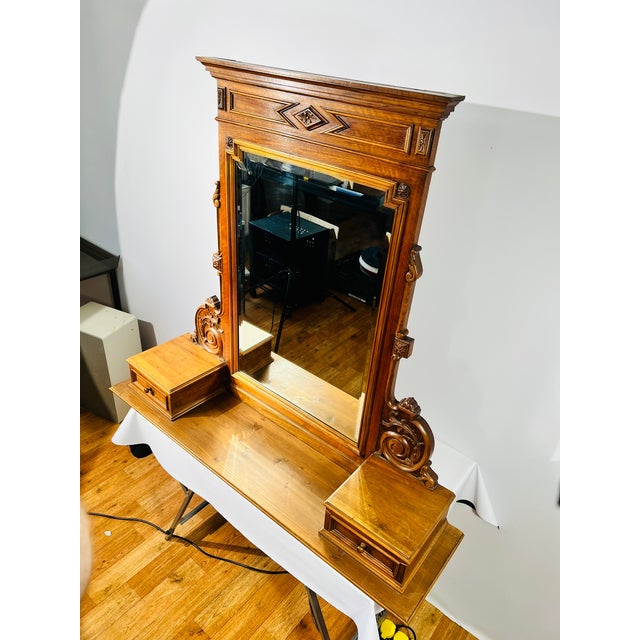 Art Nouveau French Walnut-Colored Wall-Mounted Dressing Table with Mirror, 1900 For Sale - Image 14 of 17