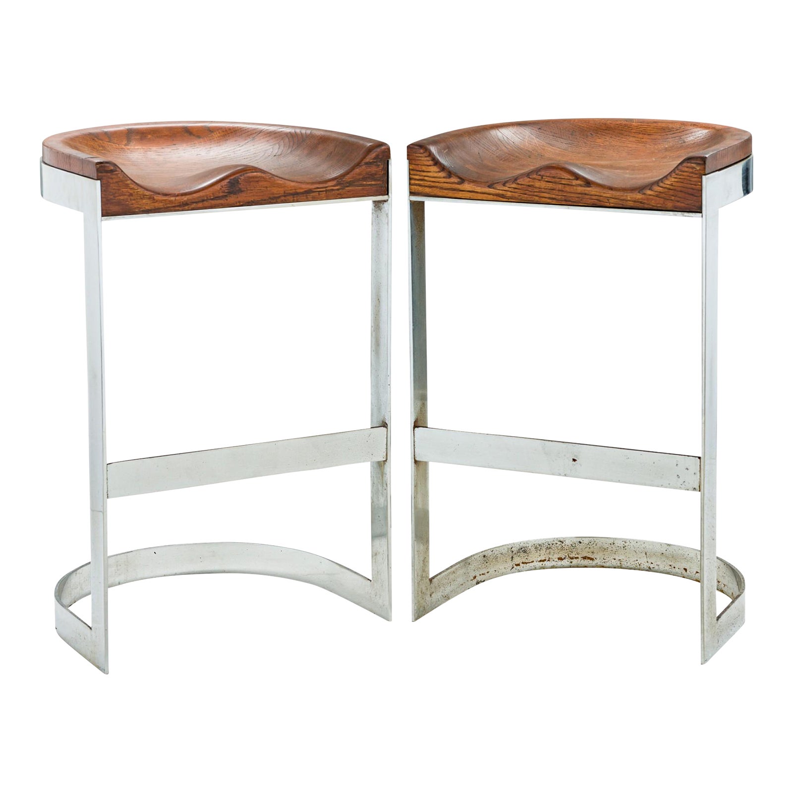 Mid 20th Century Warren Bacon American Chrome and Wood Horseshoe Cantilever Bar Stools A Pair