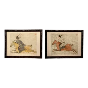 Vintage Pair of Signed Chinese Horsemen Watercolors