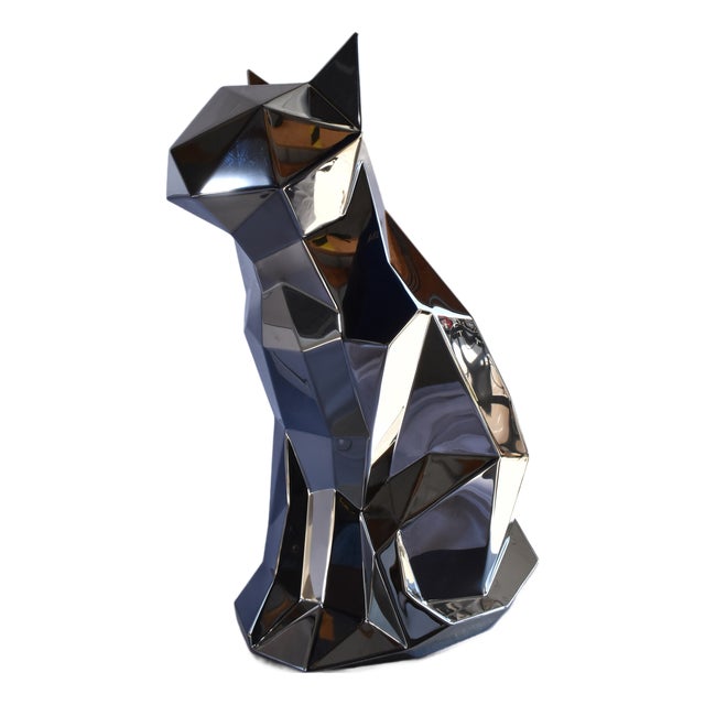 Geometric Cat Sculpture in Polished Stainless Steel, 14"x9"x20" For Sale