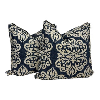 Bespoke Blue + Ivory Ikat Damask Throw Pillows, Pair For Sale