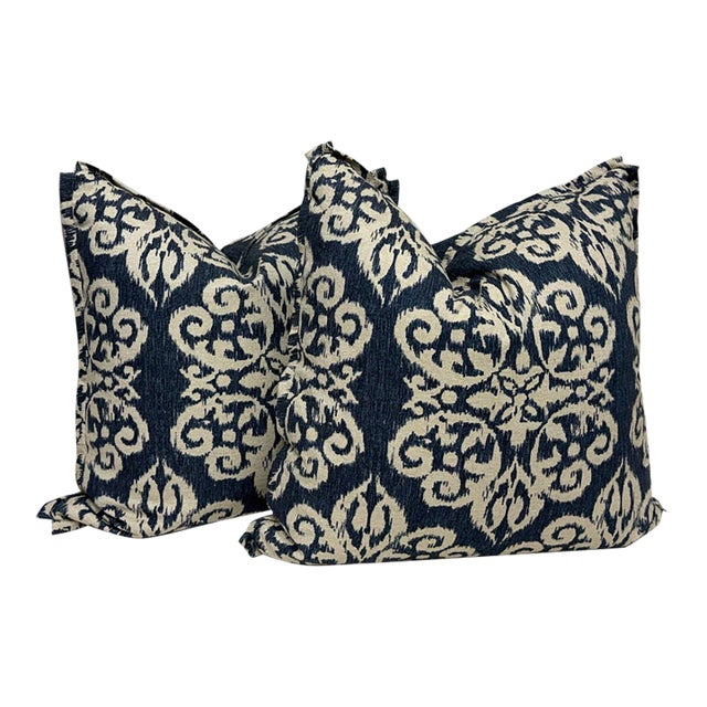 Bespoke Blue + Ivory Ikat Damask Throw Pillows, Pair For Sale