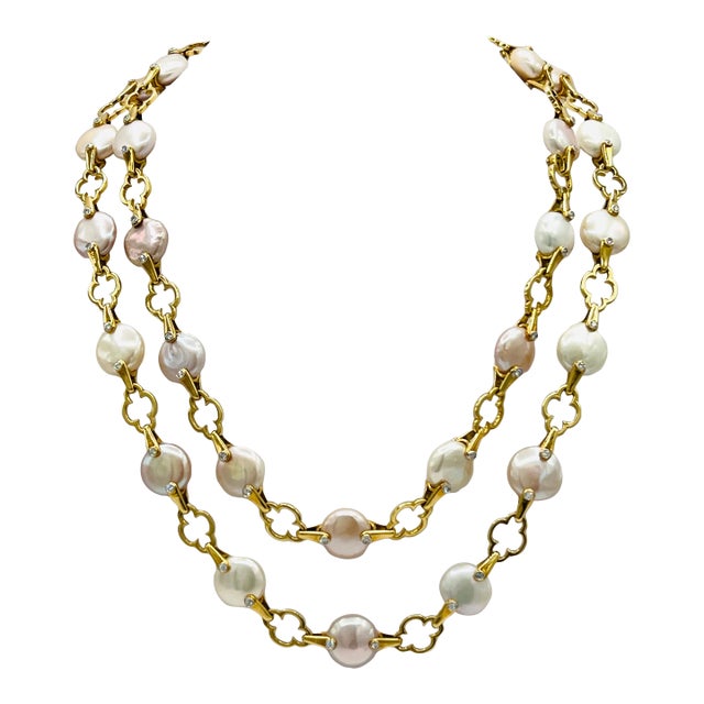 Estate Valentin Magro Fresh Water Cultured Pearls & Round Diamond Necklace For Sale
