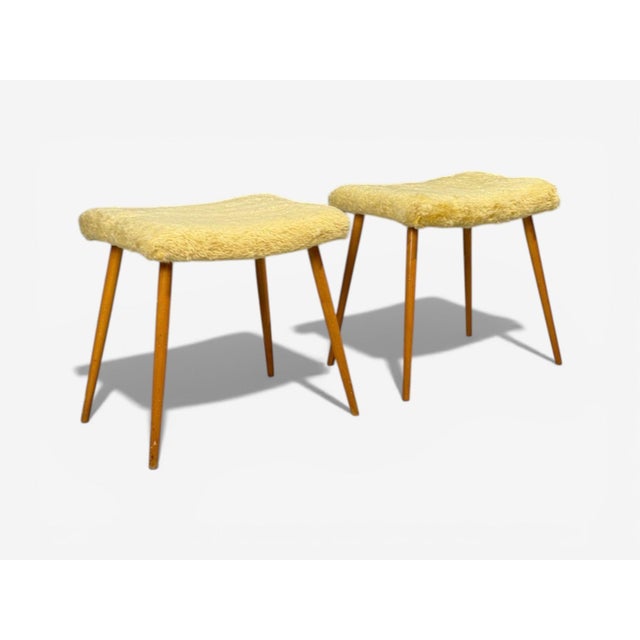 1950s Swedish Modern, Footstools, Imitation Fur, Wood, Sweden, 1950's For Sale - Image 5 of 9