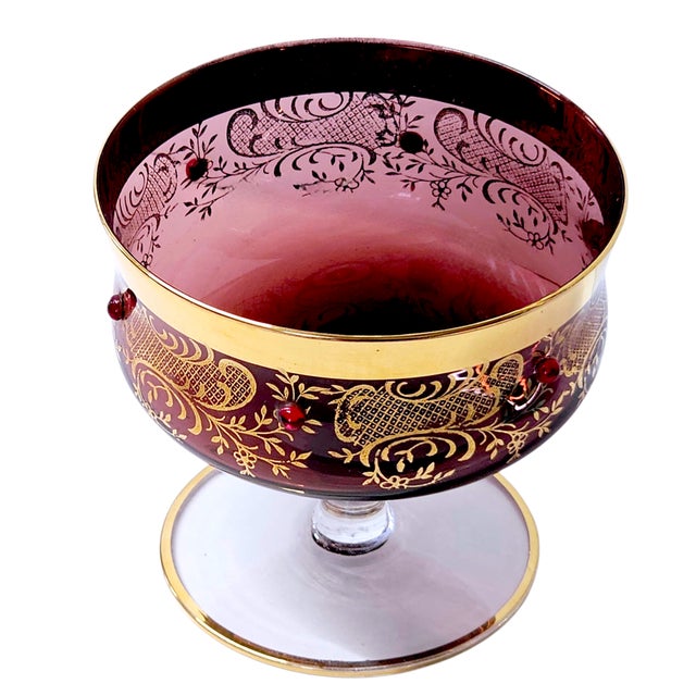 Traditional Murano Venetian Amethyst Glass Dessert Bowl With 24k Gold Floral Lattice, Mid 20th Century For Sale - Image 3 of 13